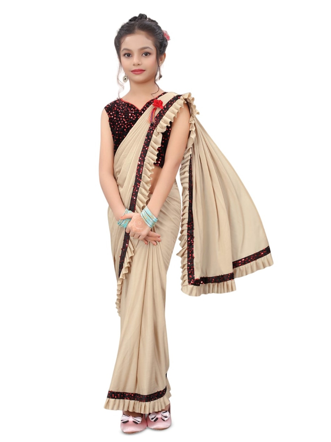 

Dhyey Fashion Girls Embellished Sequinned Detailed Lycra Saree, Cream