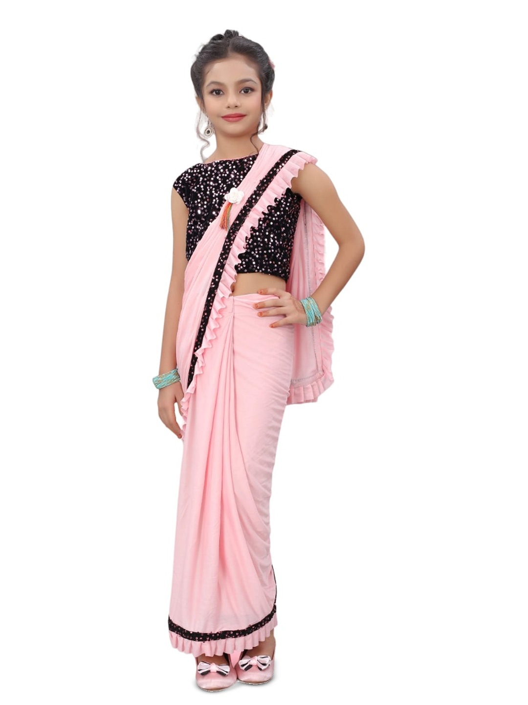 

Dhyey Fashion Girls Sequinned Ready to Wear Saree, Pink