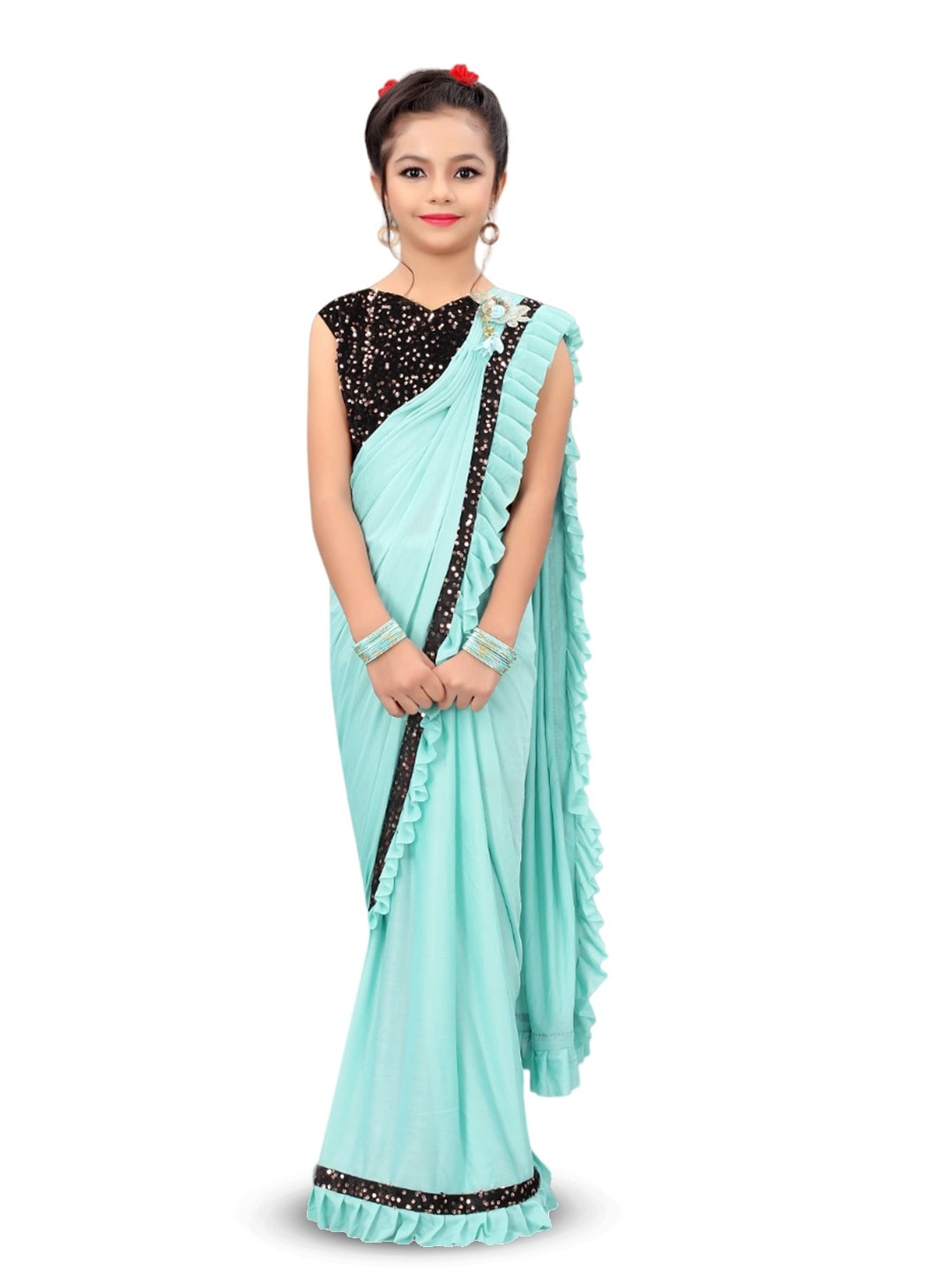 

Dhyey Fashion Girls Sequinned Ready to Wear Saree, Turquoise blue