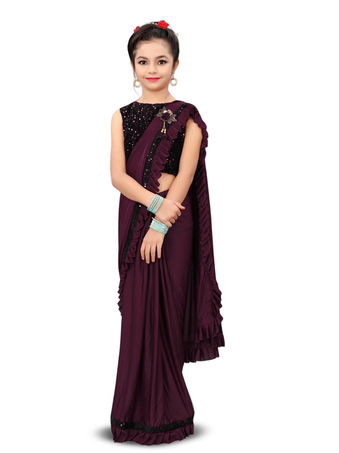 

Dhyey Fashion Girls Sequinned Ready to Wear Saree, Burgundy