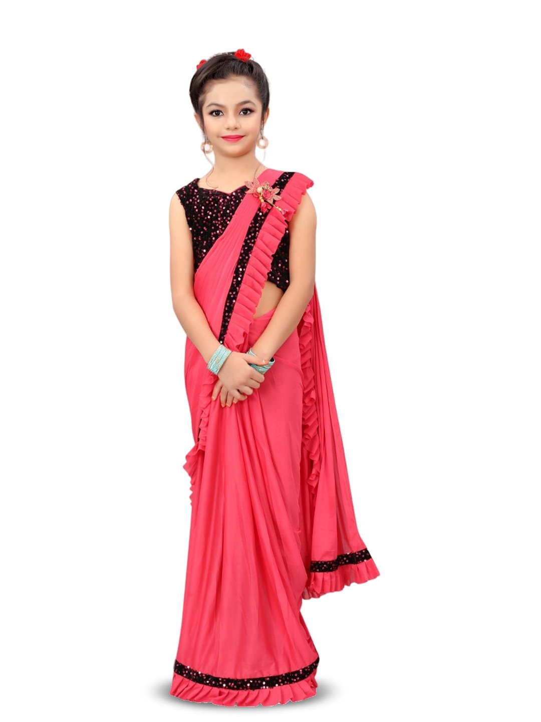 

Dhyey Fashion Girls Sequinned Ready to Wear Saree, Pink