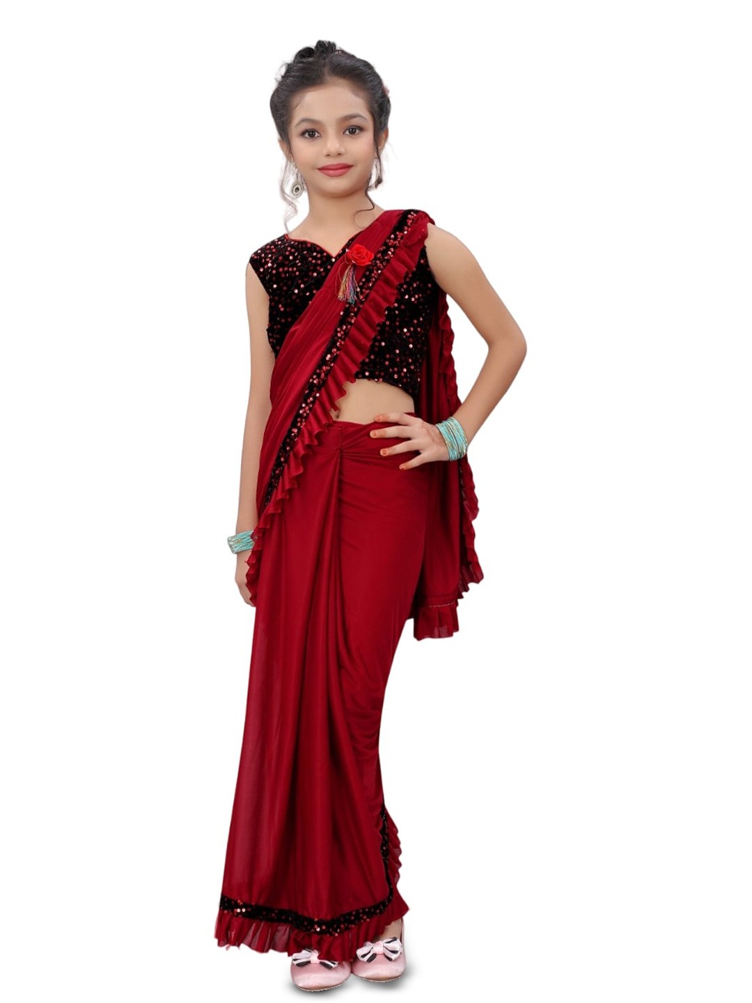 

Dhyey Fashion Girls Sequinned Ready to Wear Saree, Red
