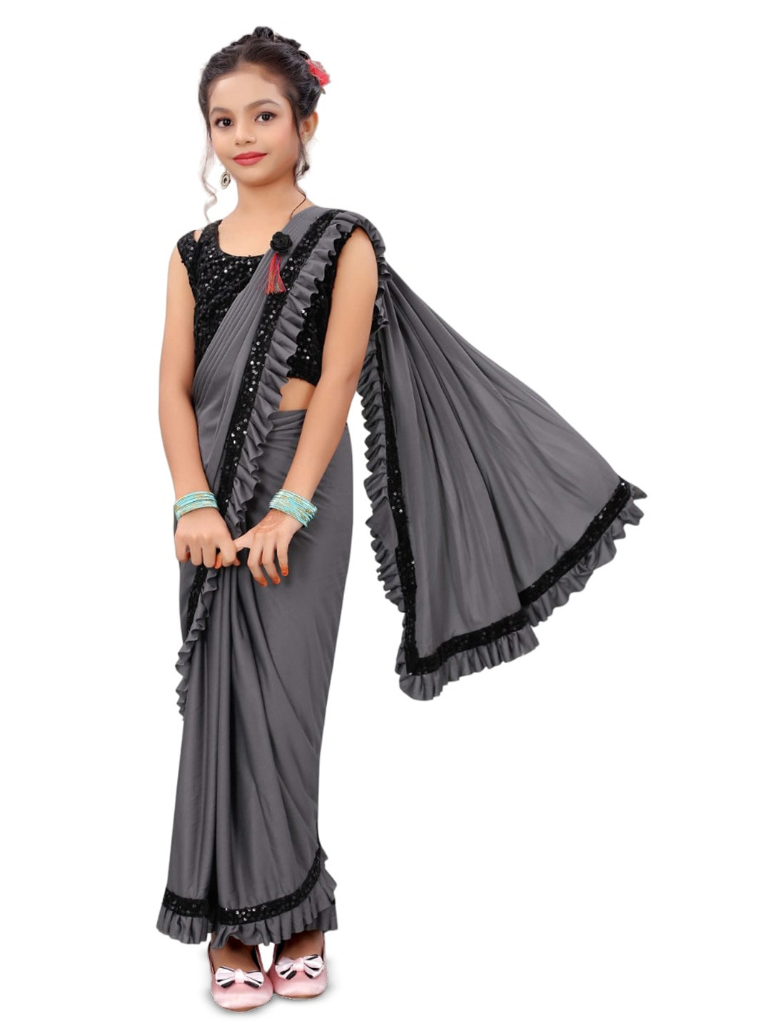 

Dhyey Fashion Girls Sequined Ready To Wear Saree, Grey