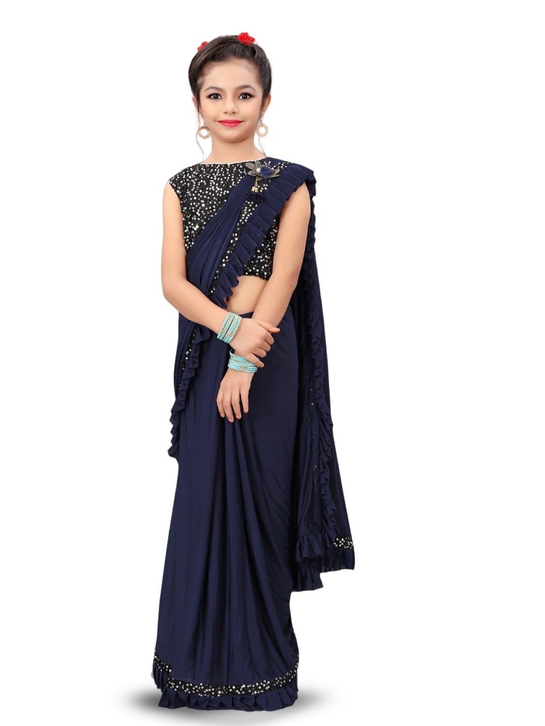 

Dhyey Fashion Girls Embellished Sequinned Detailed Lycra Saree, Navy blue