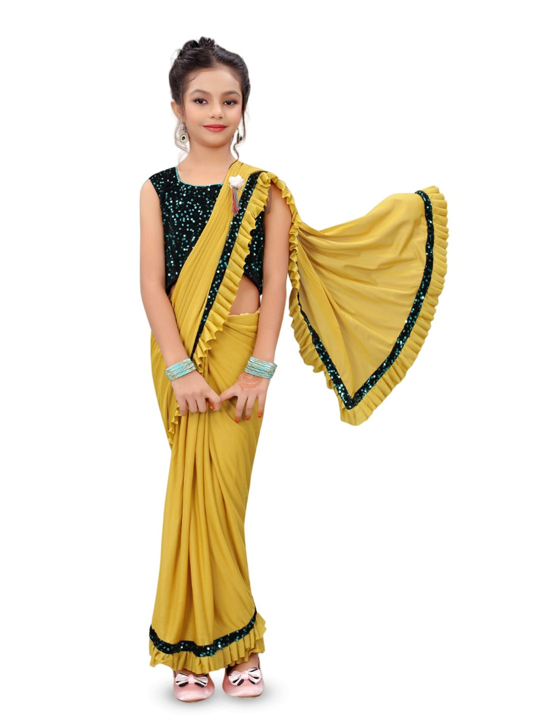 

Dhyey Fashion Girls Sequined Ready To Wear Saree, Yellow