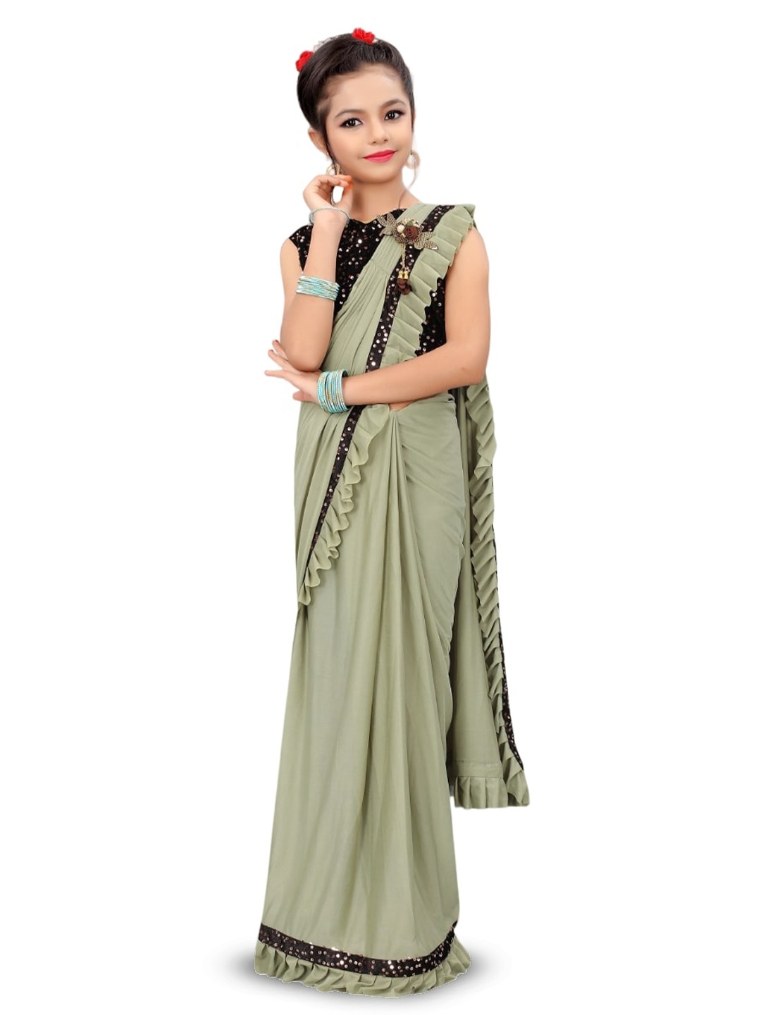 

Dhyey Fashion Girls Sequinned Ready to Wear Saree, Olive
