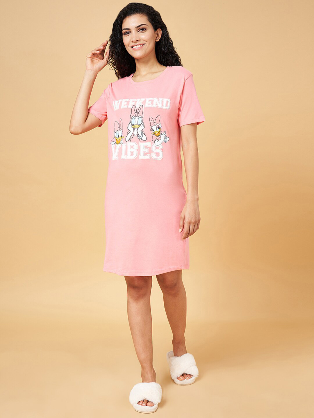 

Dreamz by Pantaloons Cartoon Characters Printed Pure Cotton T-shirt Nightdress, Pink