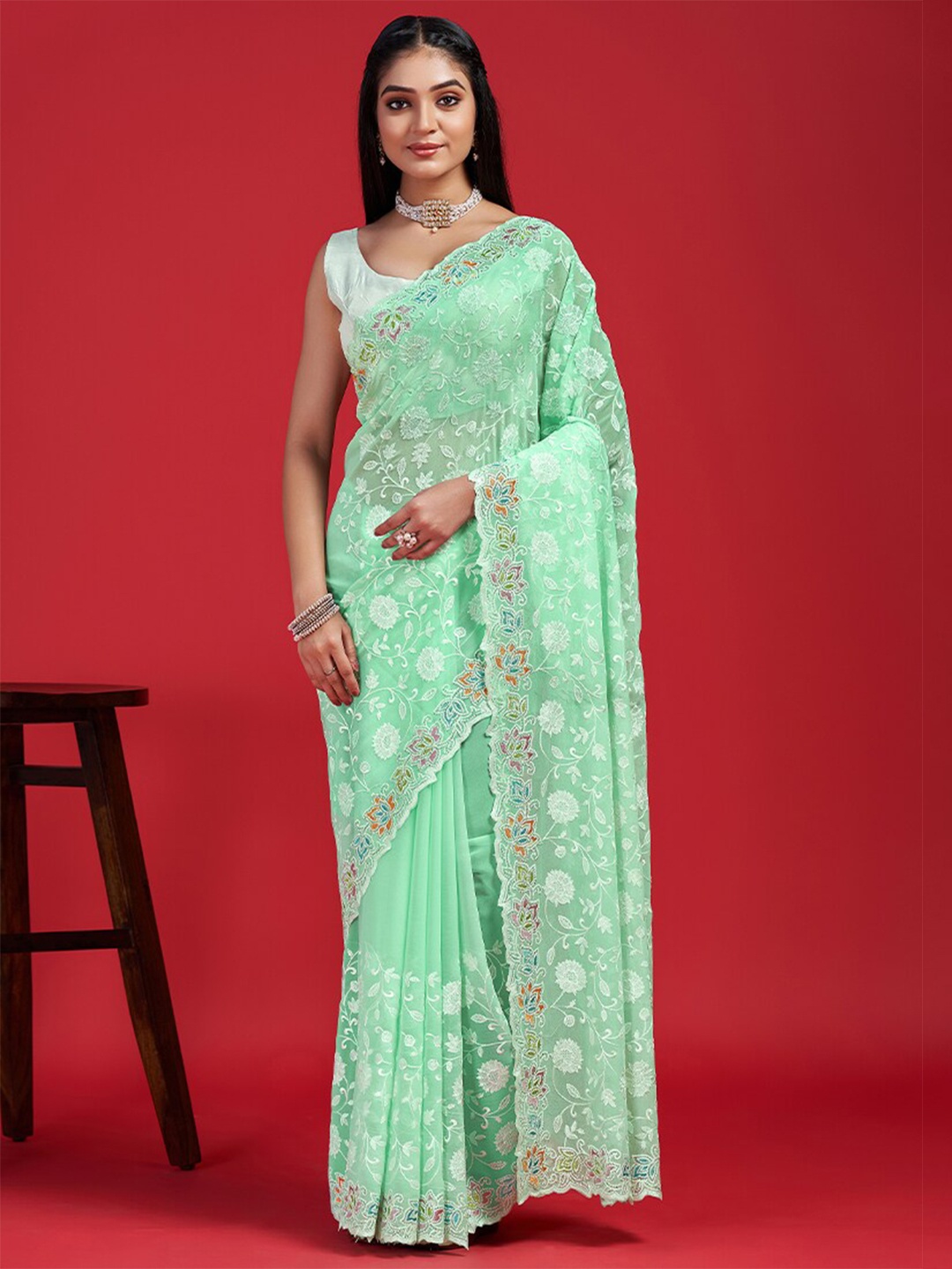 

Anouk Green Floral Embroidered Beads & Stones Organza Saree
