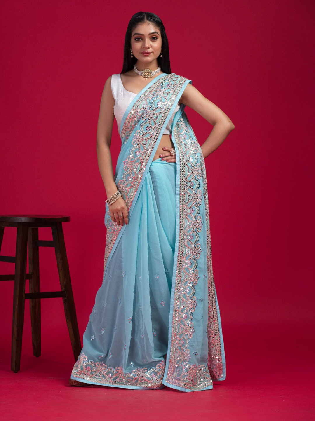 

Anouk Blue Embellished Mirror Work Organza Saree