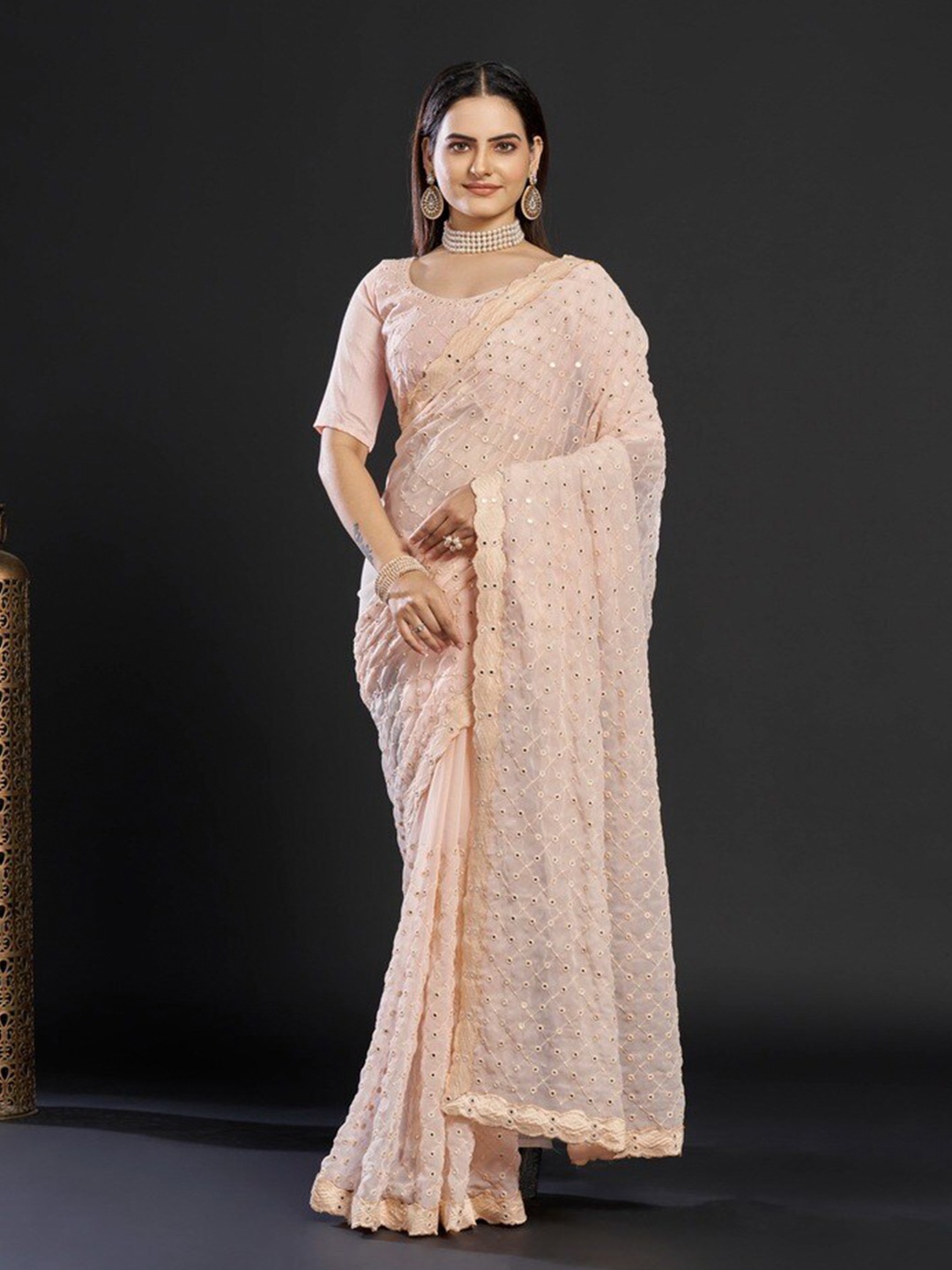 

Anouk Peach-Coloured Embellished Mirror Work Pure Georgette Saree