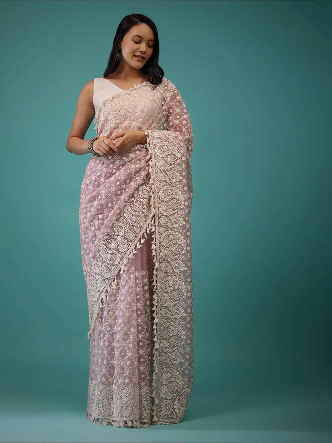 

Anouk Pink Paisley Embroidered Mirror Work Organza Saree