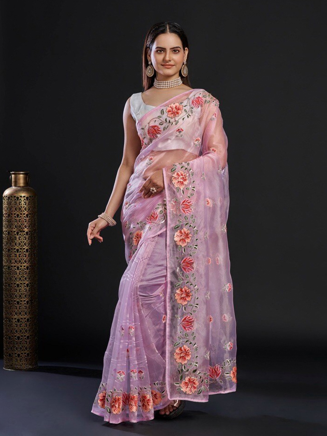 

Anouk Lavender Floral Embroidered Sequinned Organza Saree