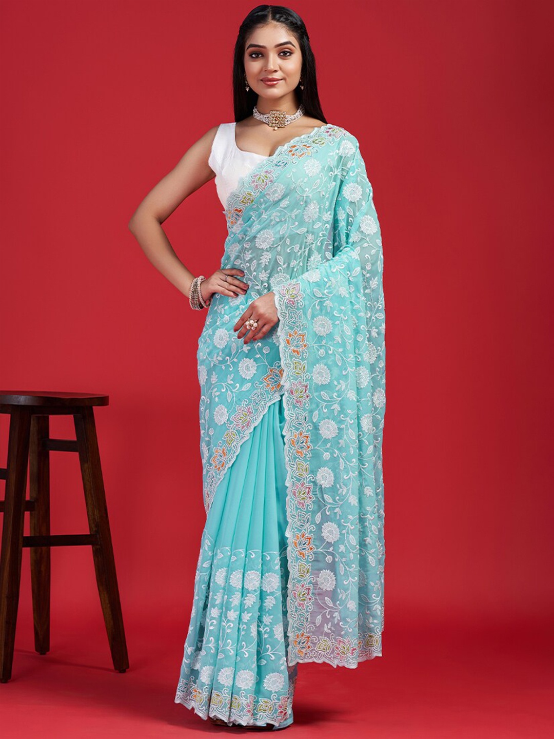 

Anouk Blue Floral Embroidered Beads & Stones Organza Saree