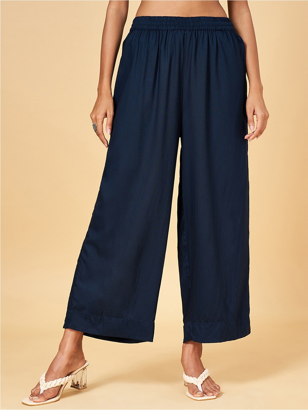 

RANGMANCH BY PANTALOONS Mid-Rise Wide Leg Palazzos, Blue