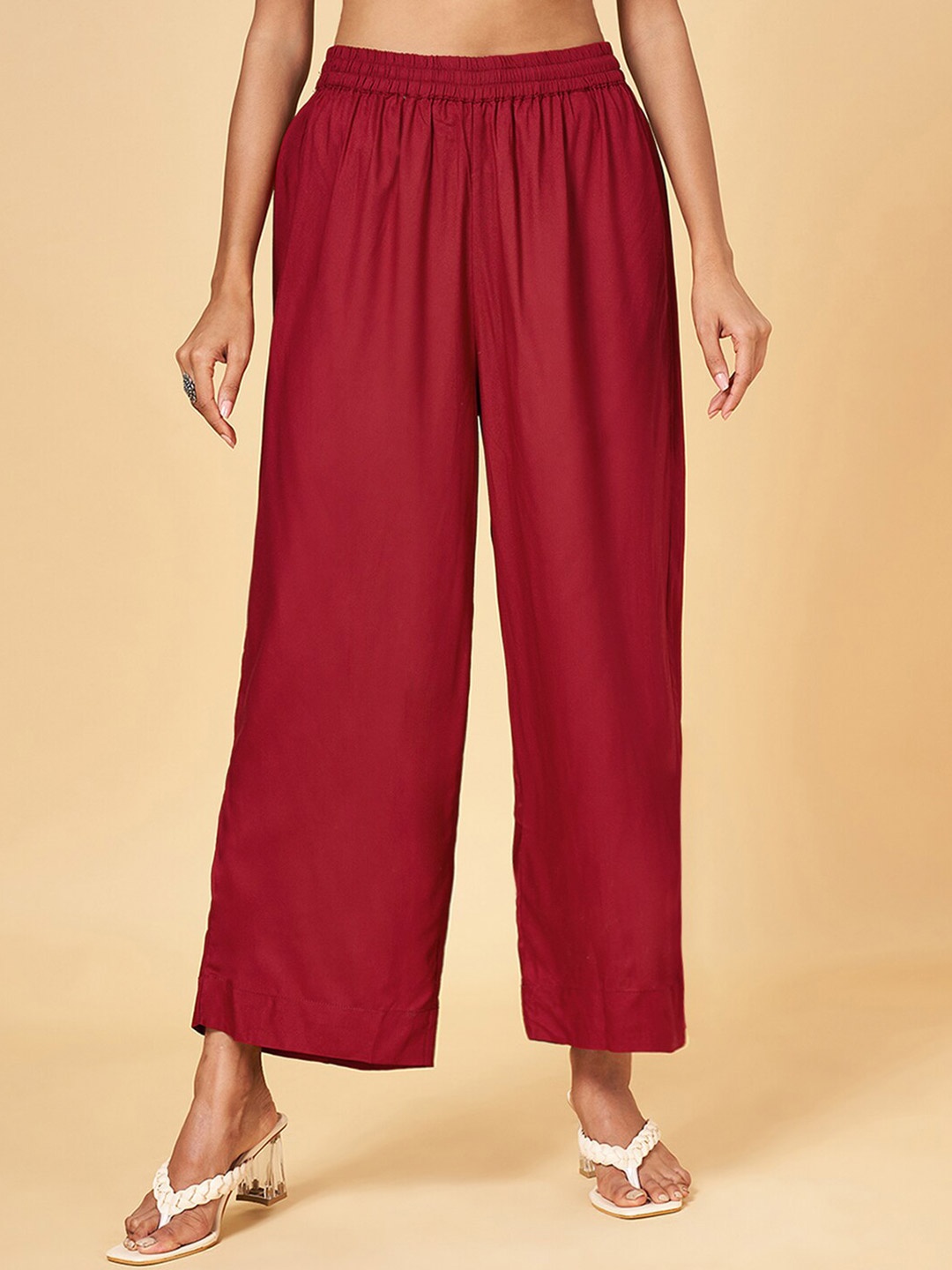 

RANGMANCH BY PANTALOONS Mid-Rise Flared Palazzos, Red