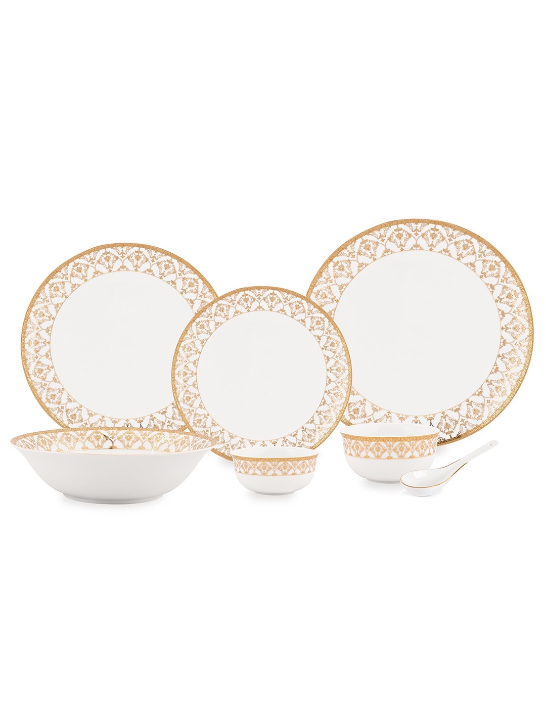 

Hitkari 33 Pieces White & Golden Printed Porcelain Glossy Dinner Set