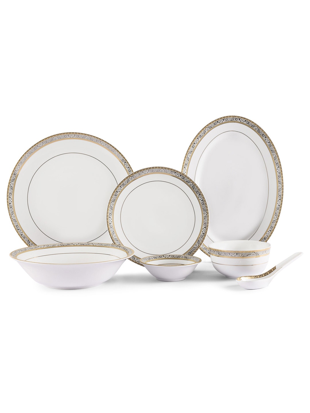 

Hitkari White 33 Pieces Printed Porcelain Glossy Dinner Set