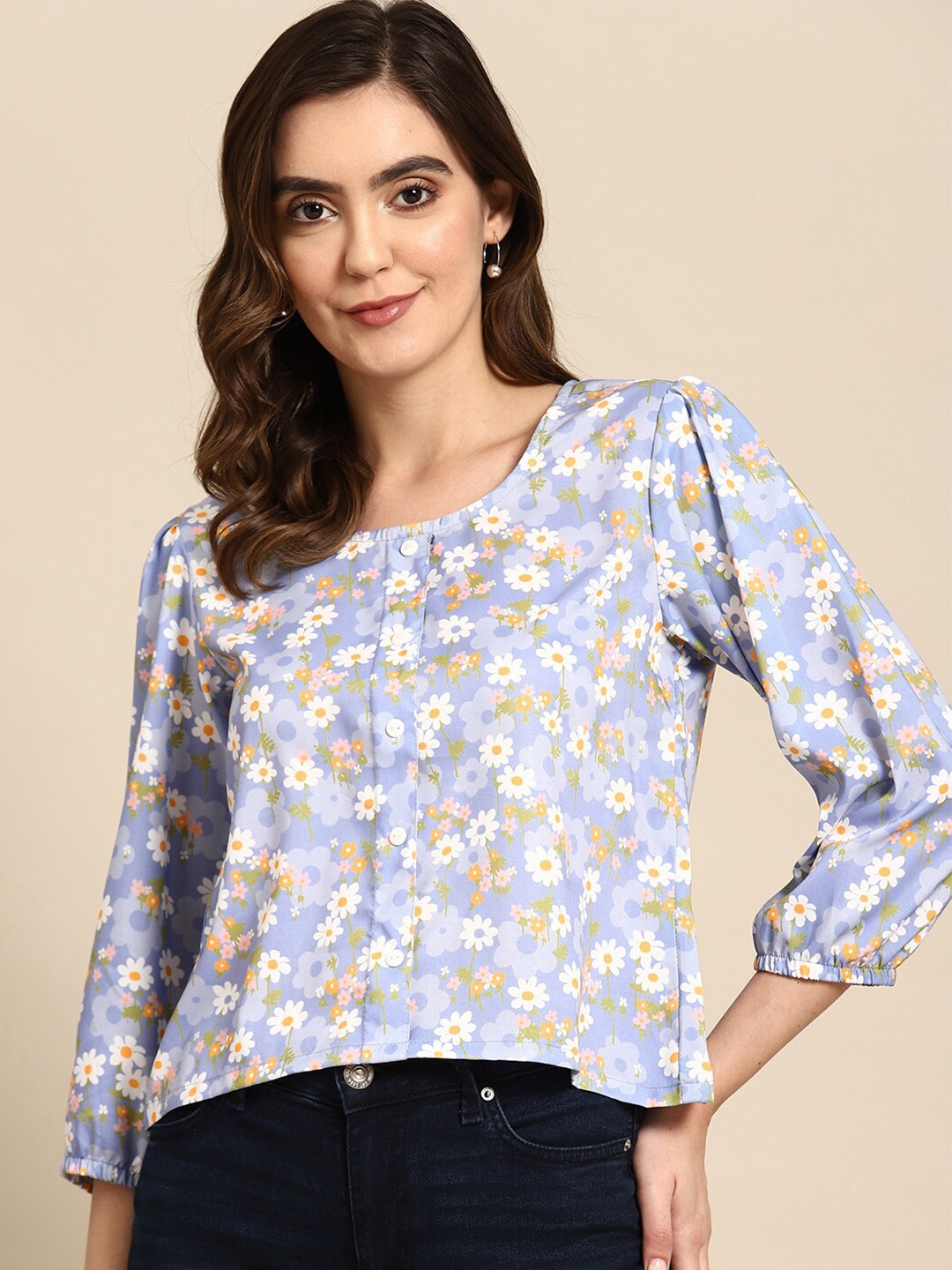 

all about you Floral Printed Cuff Sleeve Crepe A-line Top, Blue