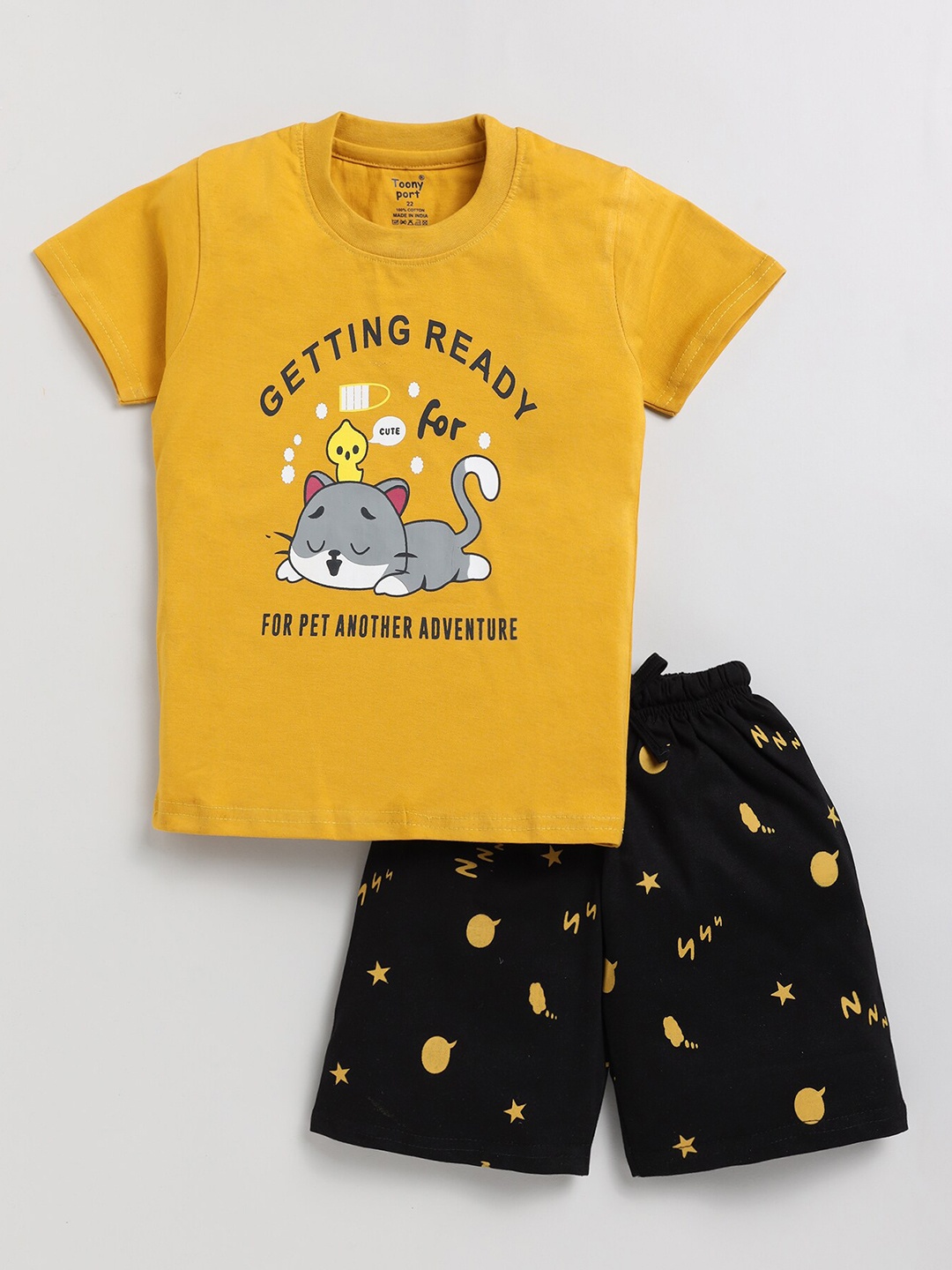 

Toonyport Boys Printed Pure Cotton T-shirt with Shorts, Yellow