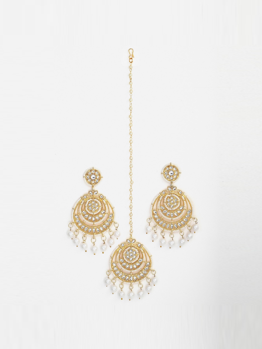 

Anouk Gold-Plated Stone-Studded & Beaded Maang Tikka & Earrings, White