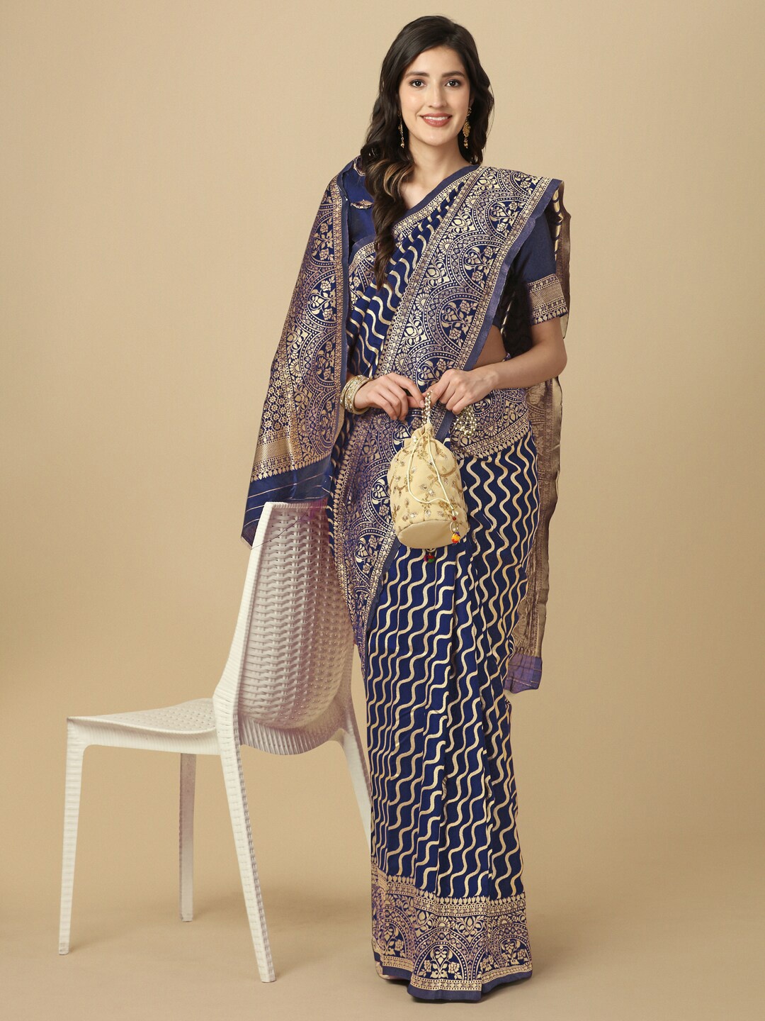 

Mitera Navy Blue & Gold Toned Ethnic Motifs Woven Design Zari Leheriya Saree