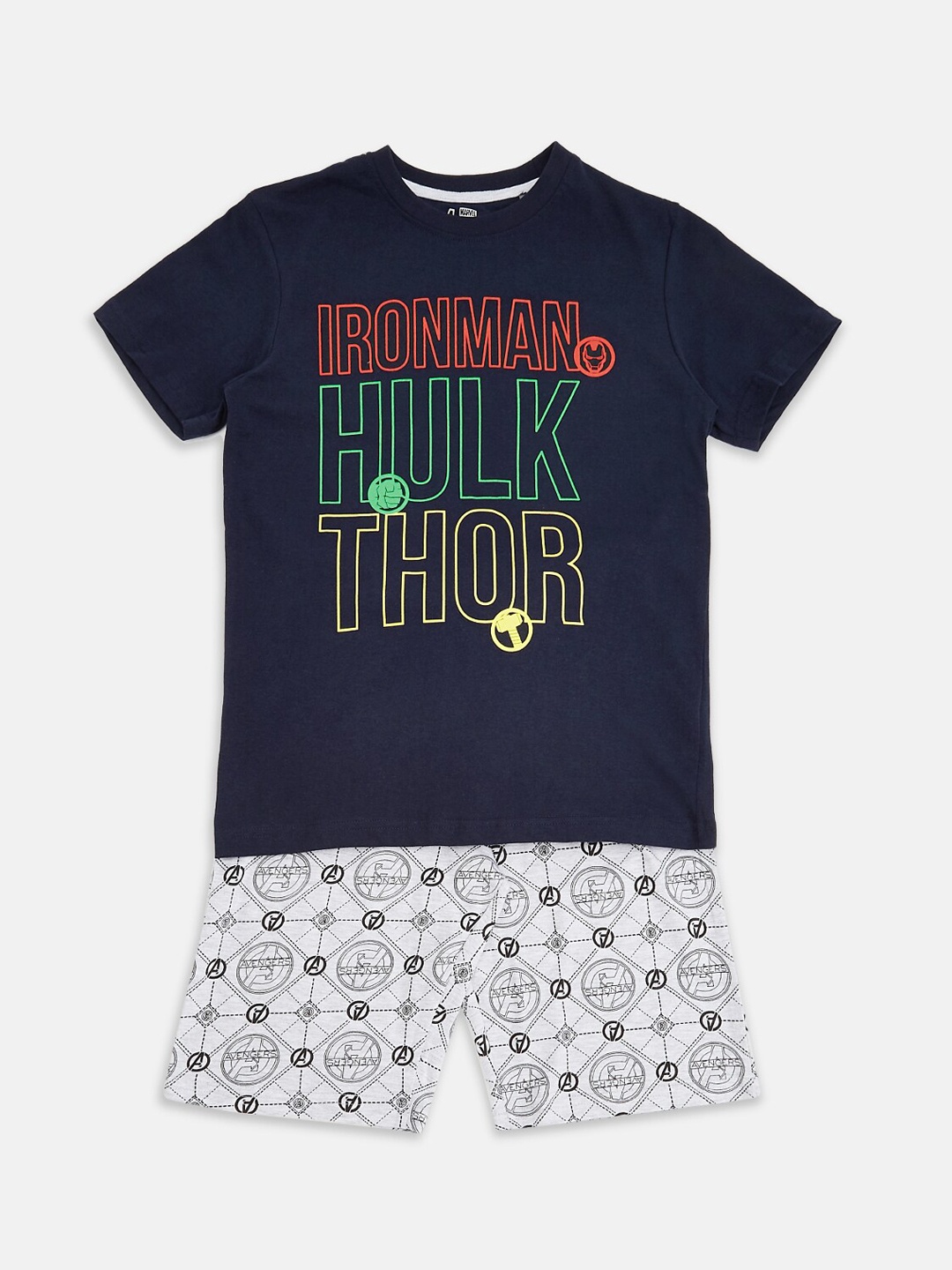 

Pantaloons Junior Boys Avengers Printed Pure Cotton T-shirt With Shorts, Navy blue