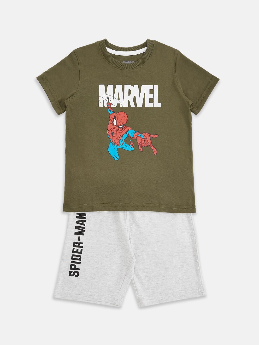 

Pantaloons Junior Boys Spiderman Printed Pure Cotton T-shirt With Shorts, Olive