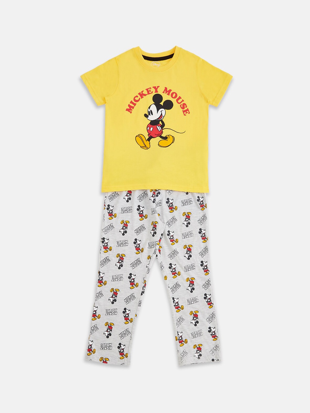 

Pantaloons Junior Boys Mickey Mouse Printed Pure Cotton T-shirt With Pyjamas, Yellow