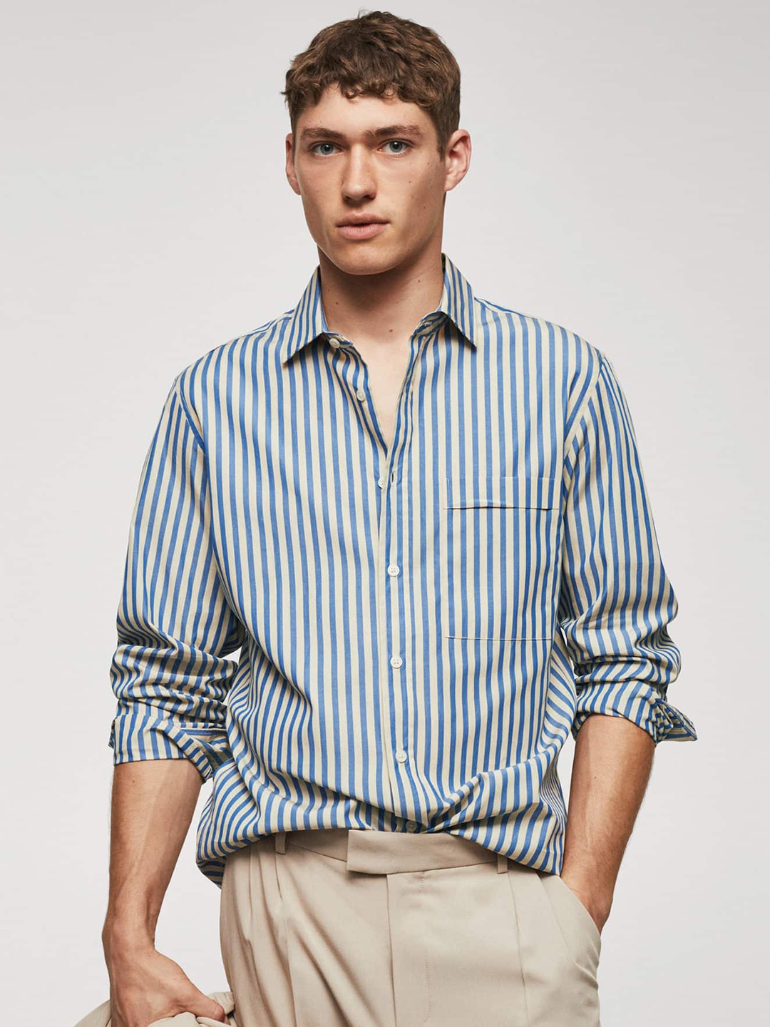 

MANGO MAN Pure Cotton Opaque Striped Casual Shirt, Off white
