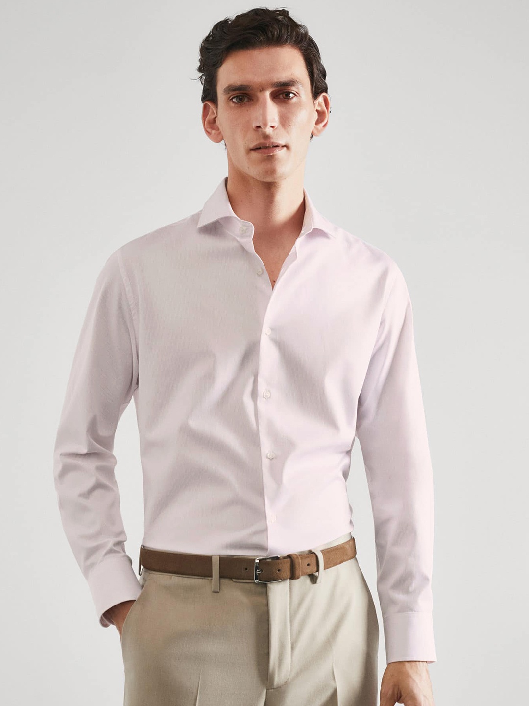 

MANGO MAN Cotton Slim Fit Pinstripes Formal Shirt, Pink