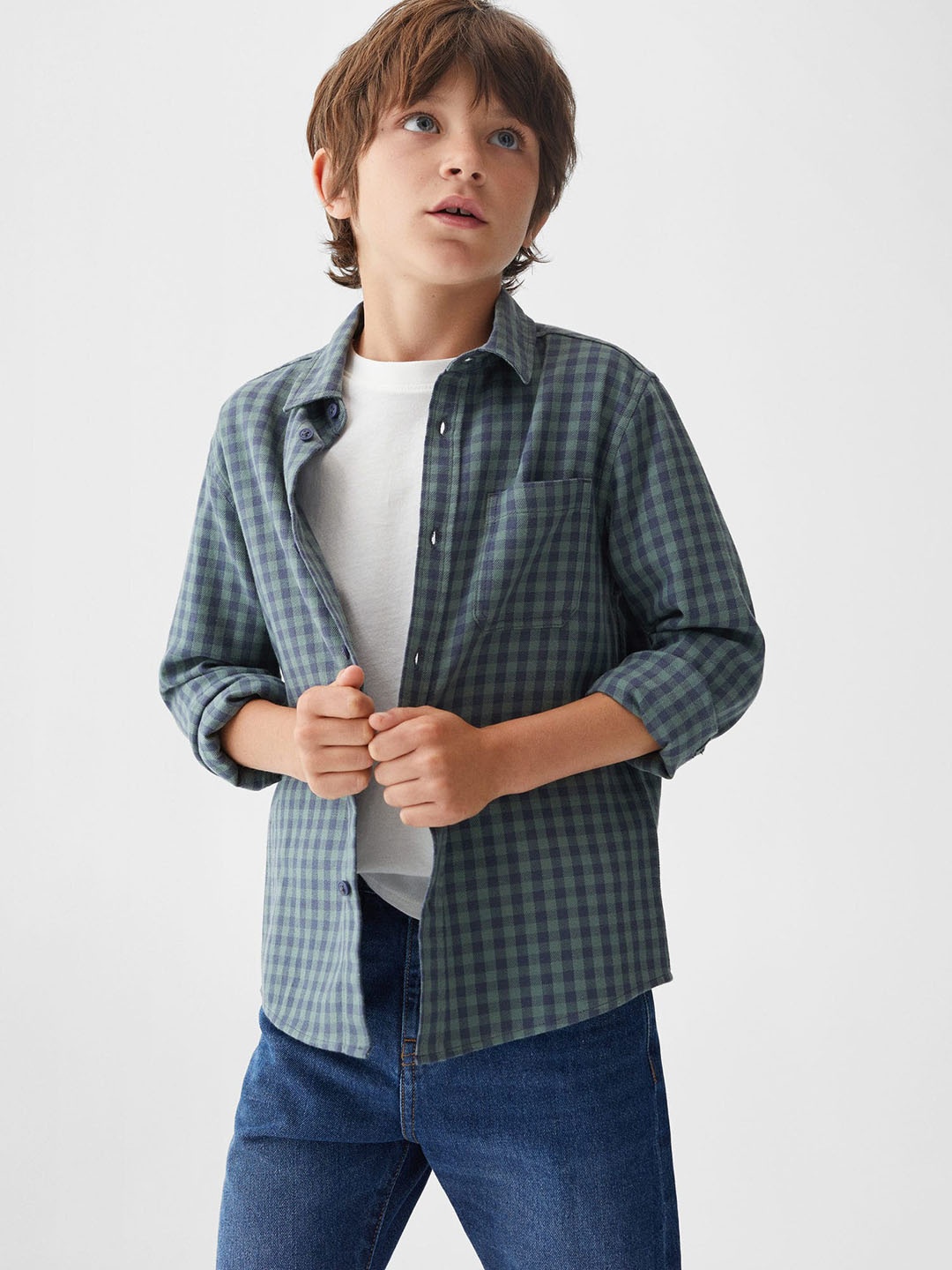 

Mango Kids Boys Gingham Checked Pure Cotton Casual Shirt, Green
