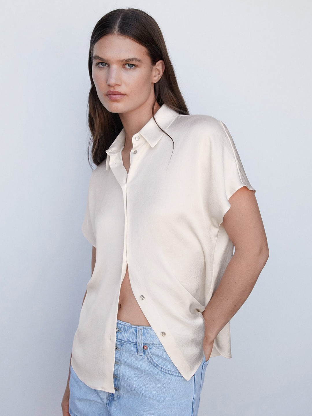 

MANGO Satin Finish Extended Sleeves Casual Shirt, Off white