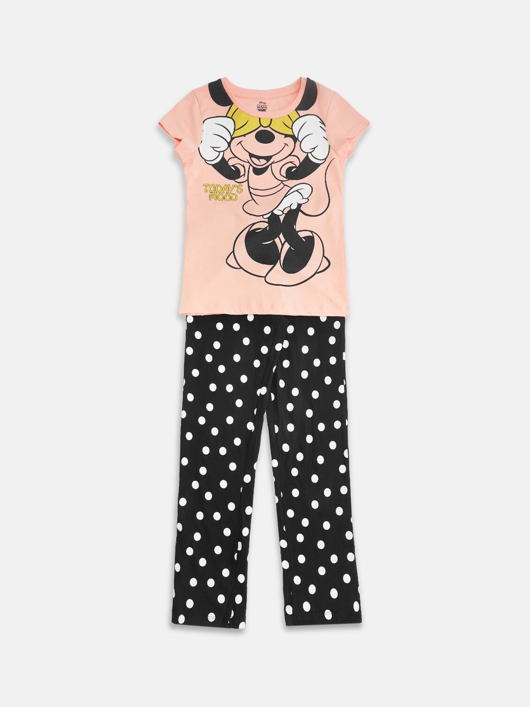 

Pantaloons Junior Girls Minnie Mouse Printed Pure Cotton T-shirt With Trousers, Peach