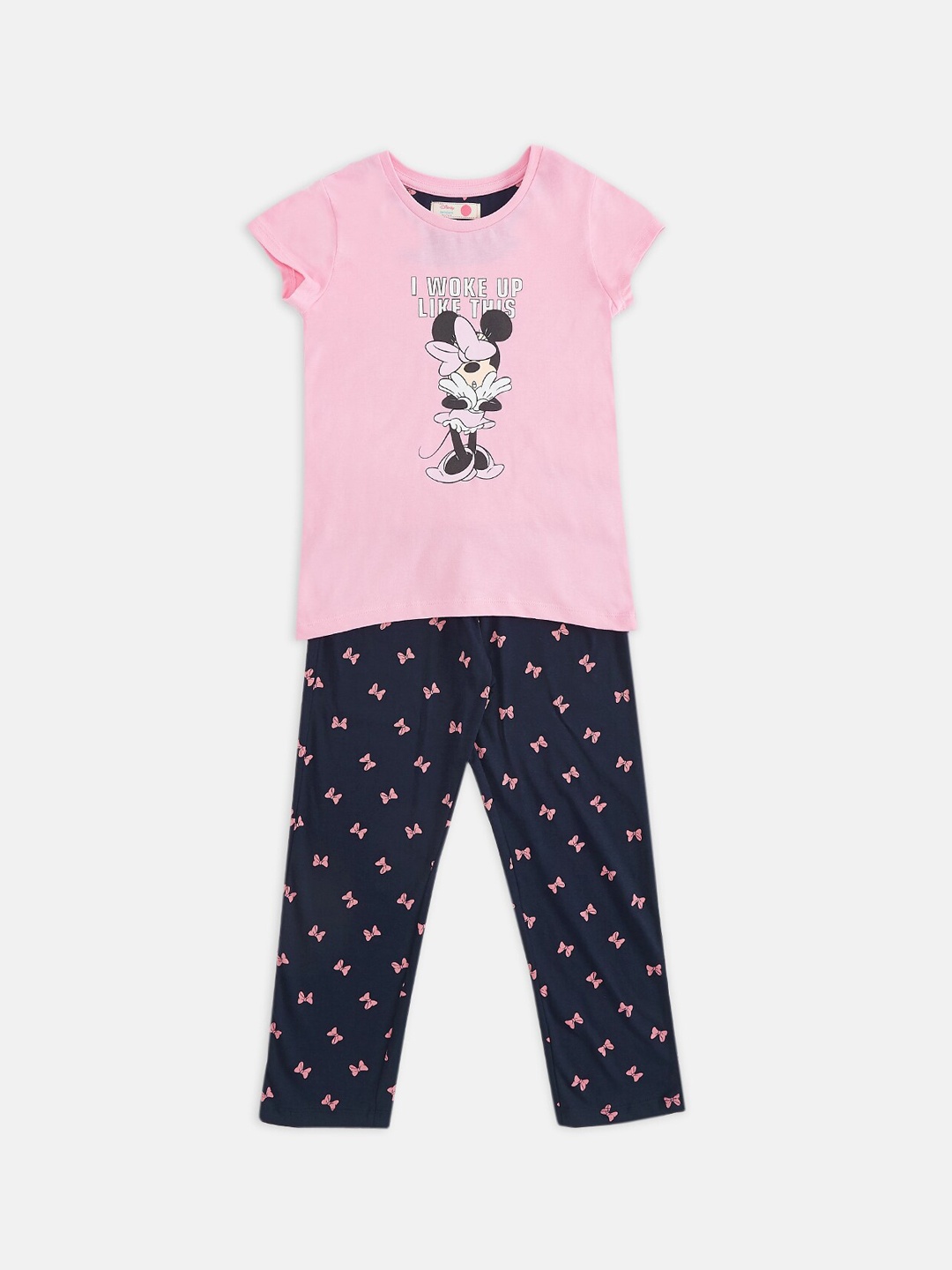 

Pantaloons Junior Girls Minnie Mouse Printed Pure Cotton T-shirt With Trousers, Pink