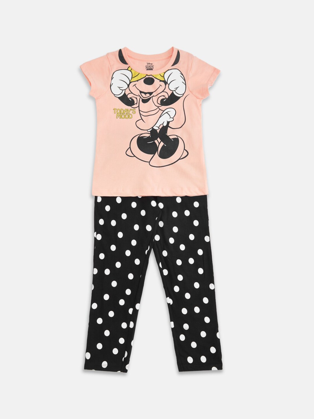 

Pantaloons Junior Girls Minnie Mouse Printed Pure Cotton T-shirt With Trousers, Peach