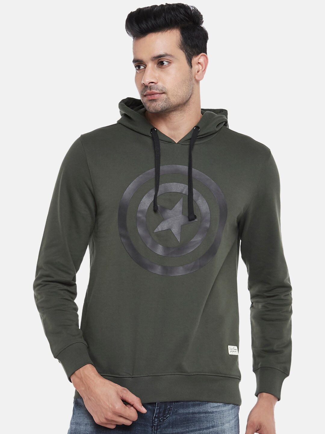 

SF JEANS by Pantaloons Marvel Printed Hooded Cotton Pullover, Olive
