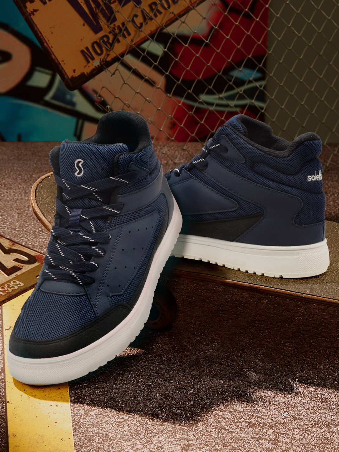 

SOLETHREADS REBEL Men PINNACLE Mid Top Textured Mesh Memory Foam Insole Anti-Skid Sole Sneakers, Navy blue