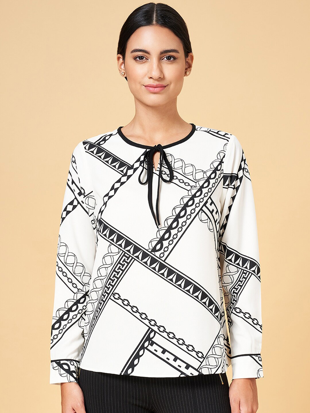 

Annabelle by Pantaloons Geometric Printed Tie Up Neck Top, White