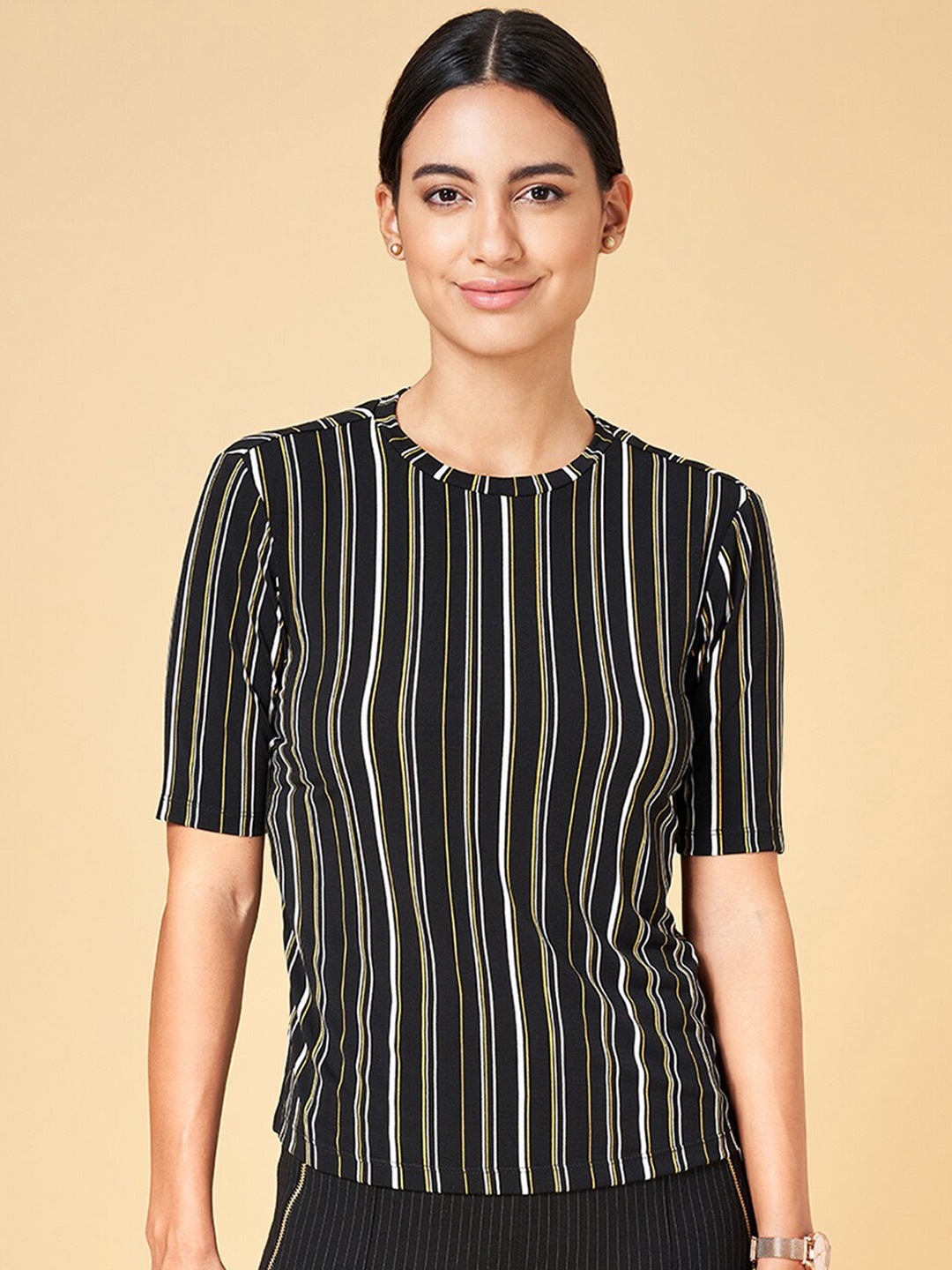 

Annabelle by Pantaloons Striped Round Neck Top, Black
