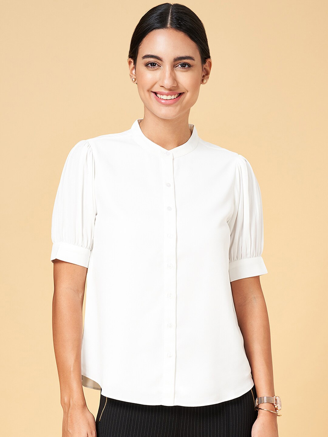 

Annabelle by Pantaloons Mandarin Collar Puffed Sleeves Shirt Style Top, Off white