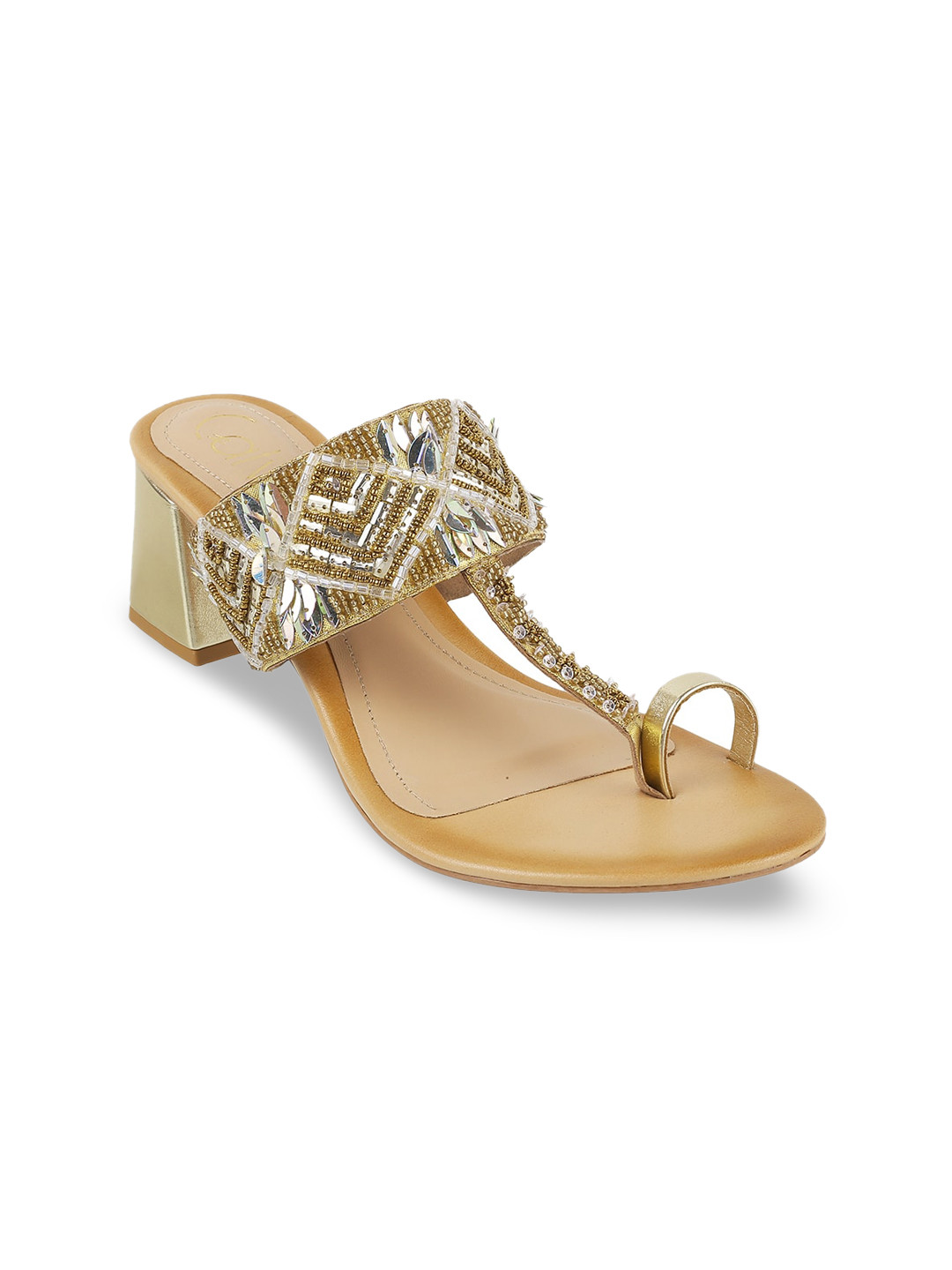 

Catwalk Ethnic Embellished One Toe Block Heels, Gold