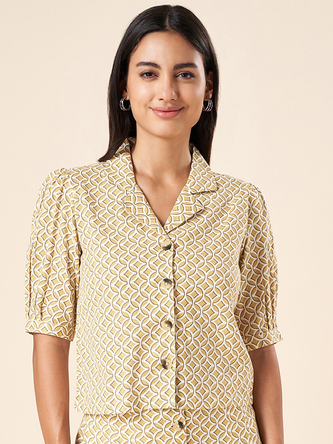 

AKKRITI BY PANTALOONS Mustard Yellow Geometric Print Cotton Shirt Style Top