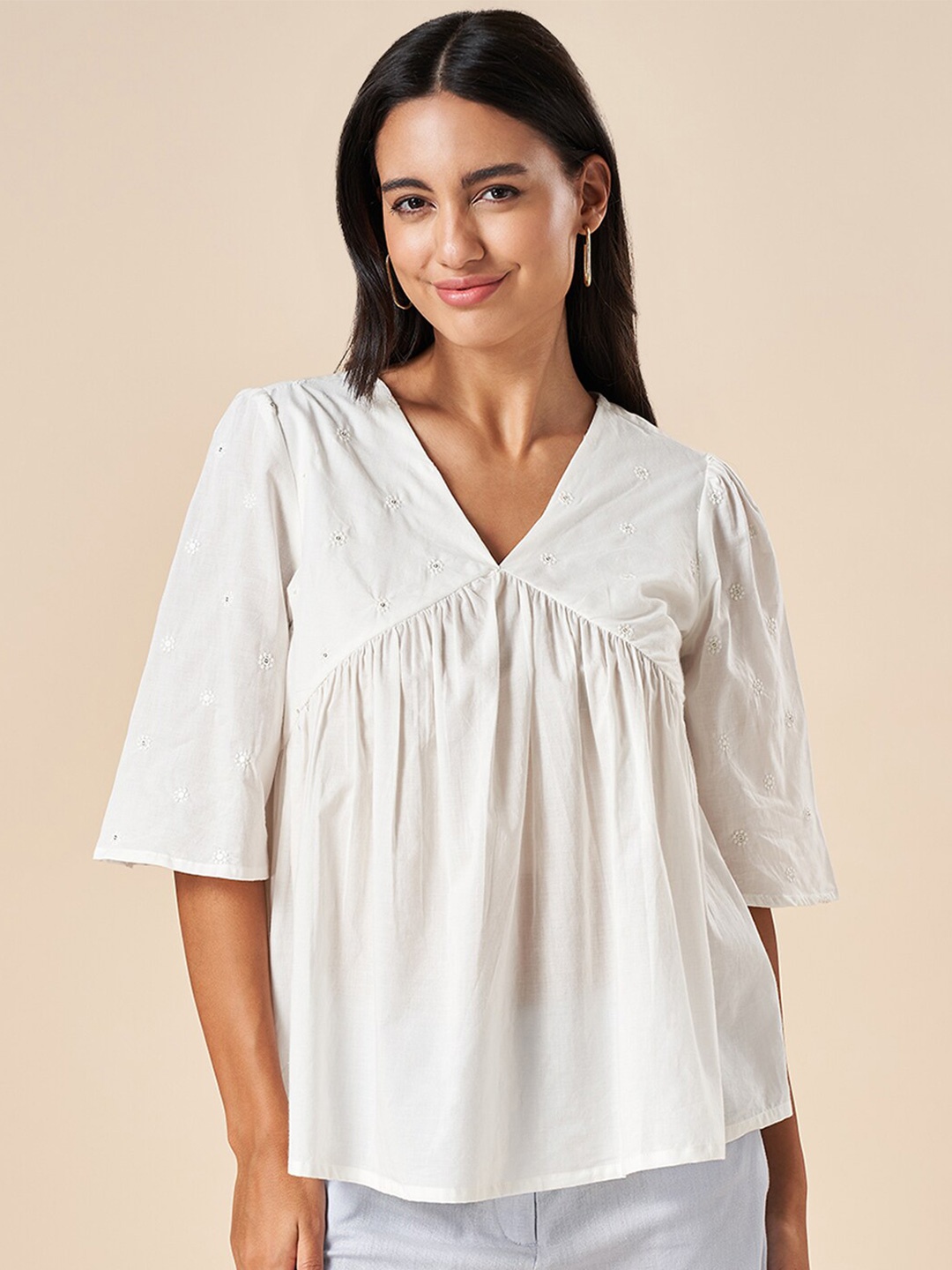 

AKKRITI BY PANTALOONS White Flared Sleeve Cotton Top