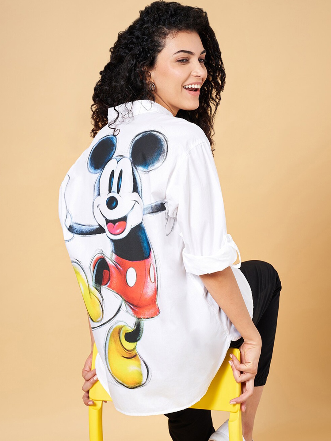 

Honey by Pantaloons Mickey Mouse Printed Spread Collar Roll-Up Sleeves Cotton Shirt, White