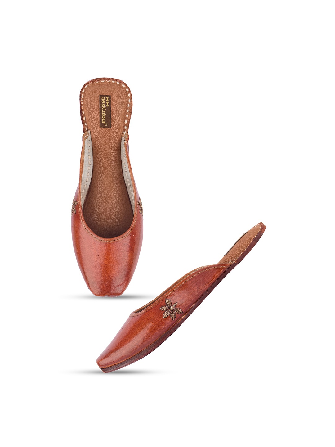 

DESI COLOUR Embroidered Leather Ethnic Mules Flats, Brown