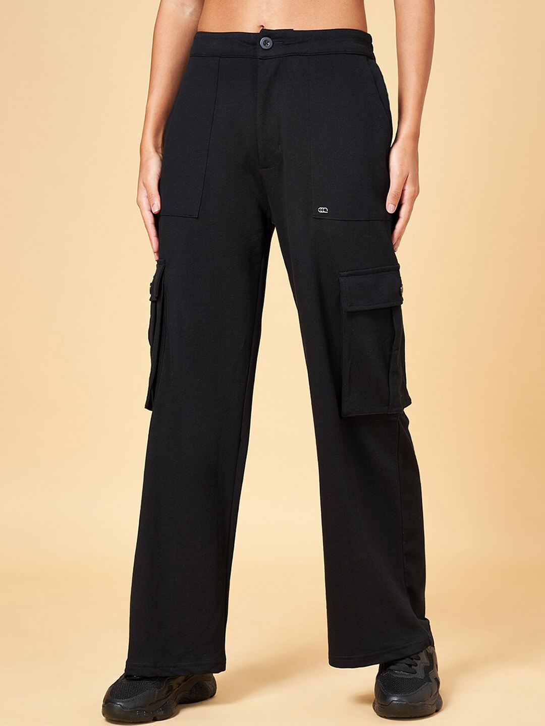 

Ajile by Pantaloons Women Cotton Mid-Rise Track Pants, Black