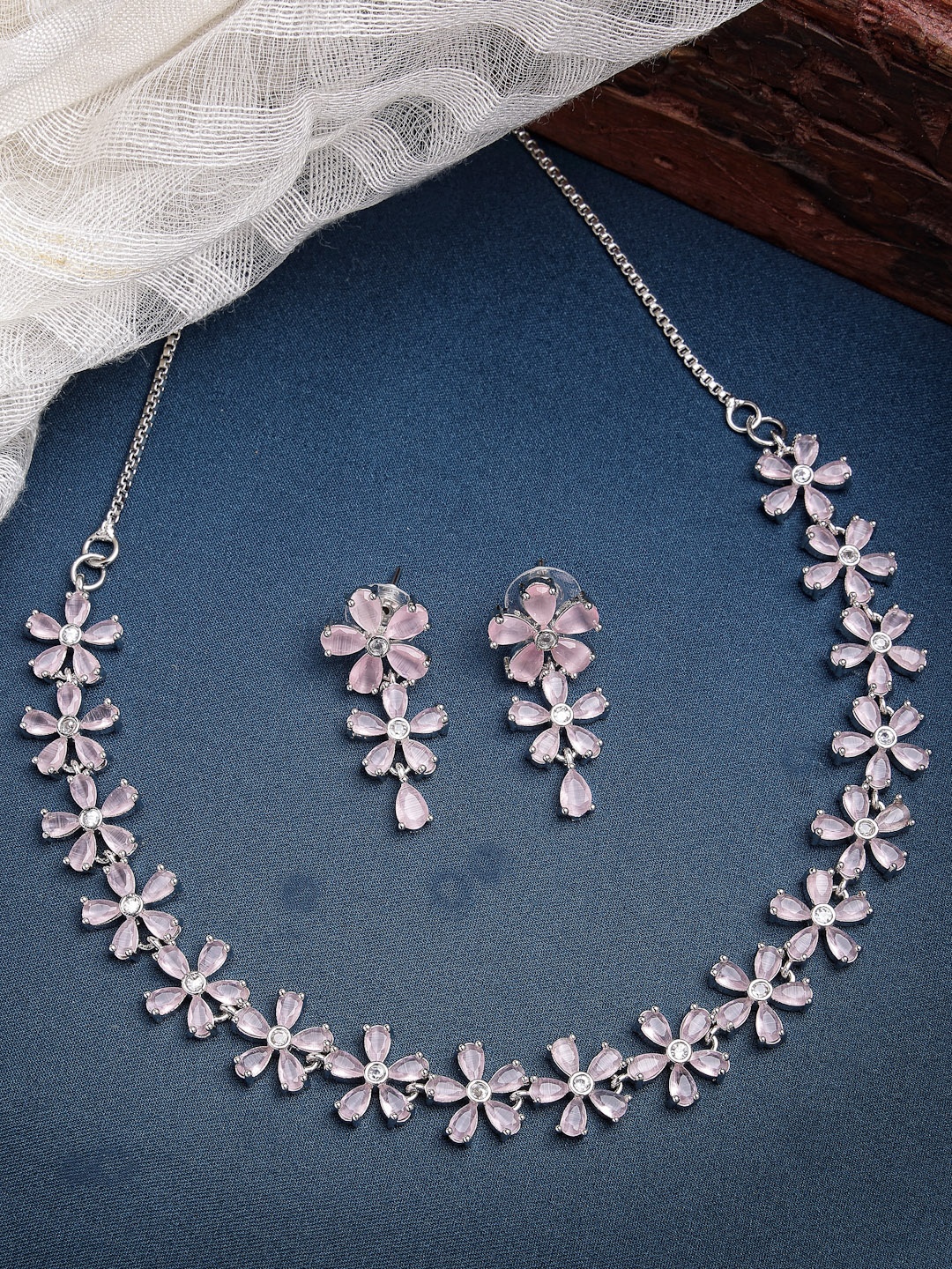 

Anouk Rhodium-Plated Flower Shaped AD-Studded Necklace & Earrings, Silver