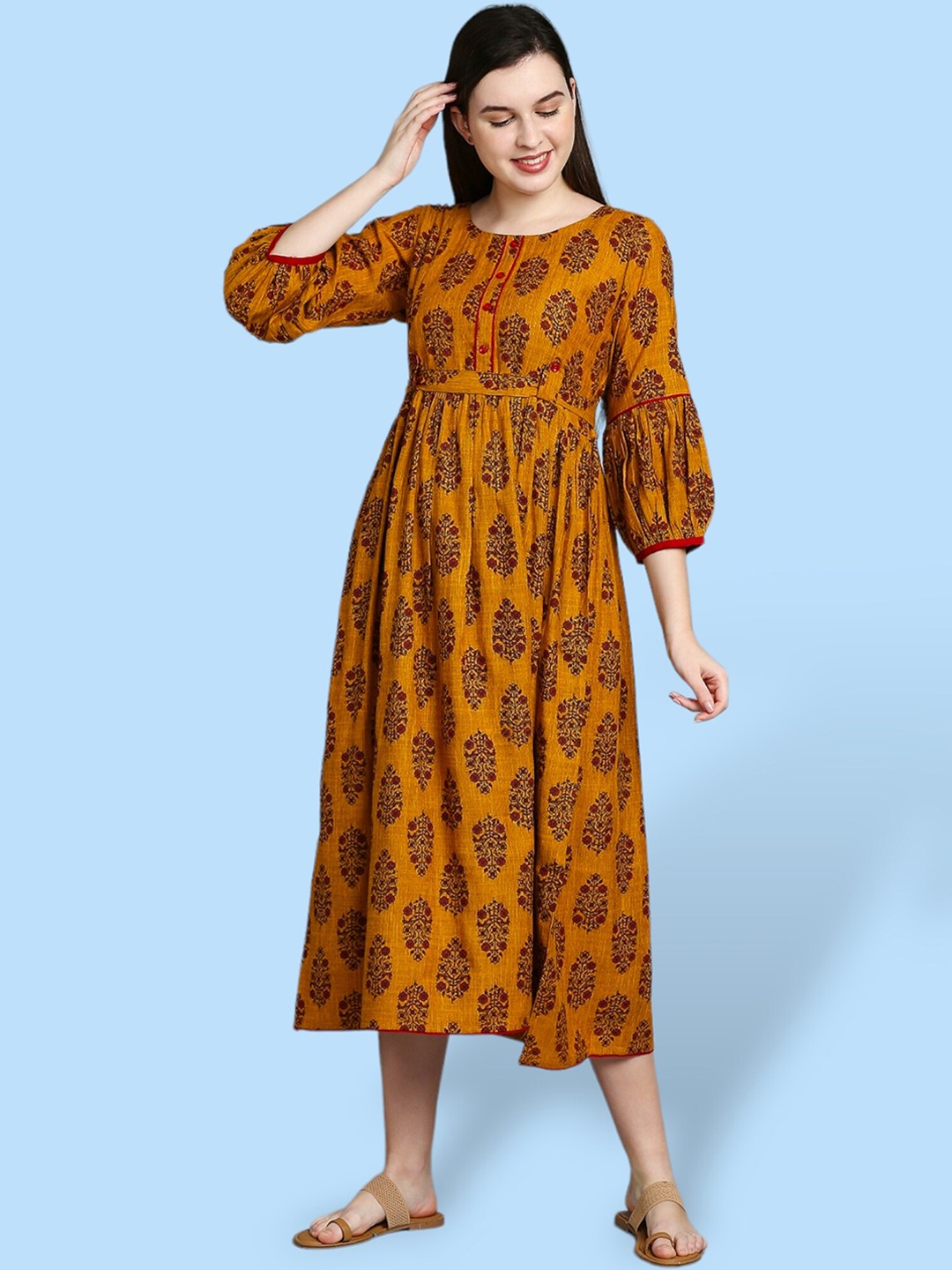 

True Shape Floral Printed Round Neck Gathered Maternity Fit & Flare Midi Dress, Mustard