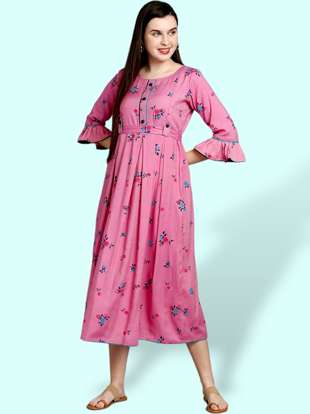 

True Shape Floral Printed Round Neck Gathered Maternity Fit & Flare Midi Dress, Pink