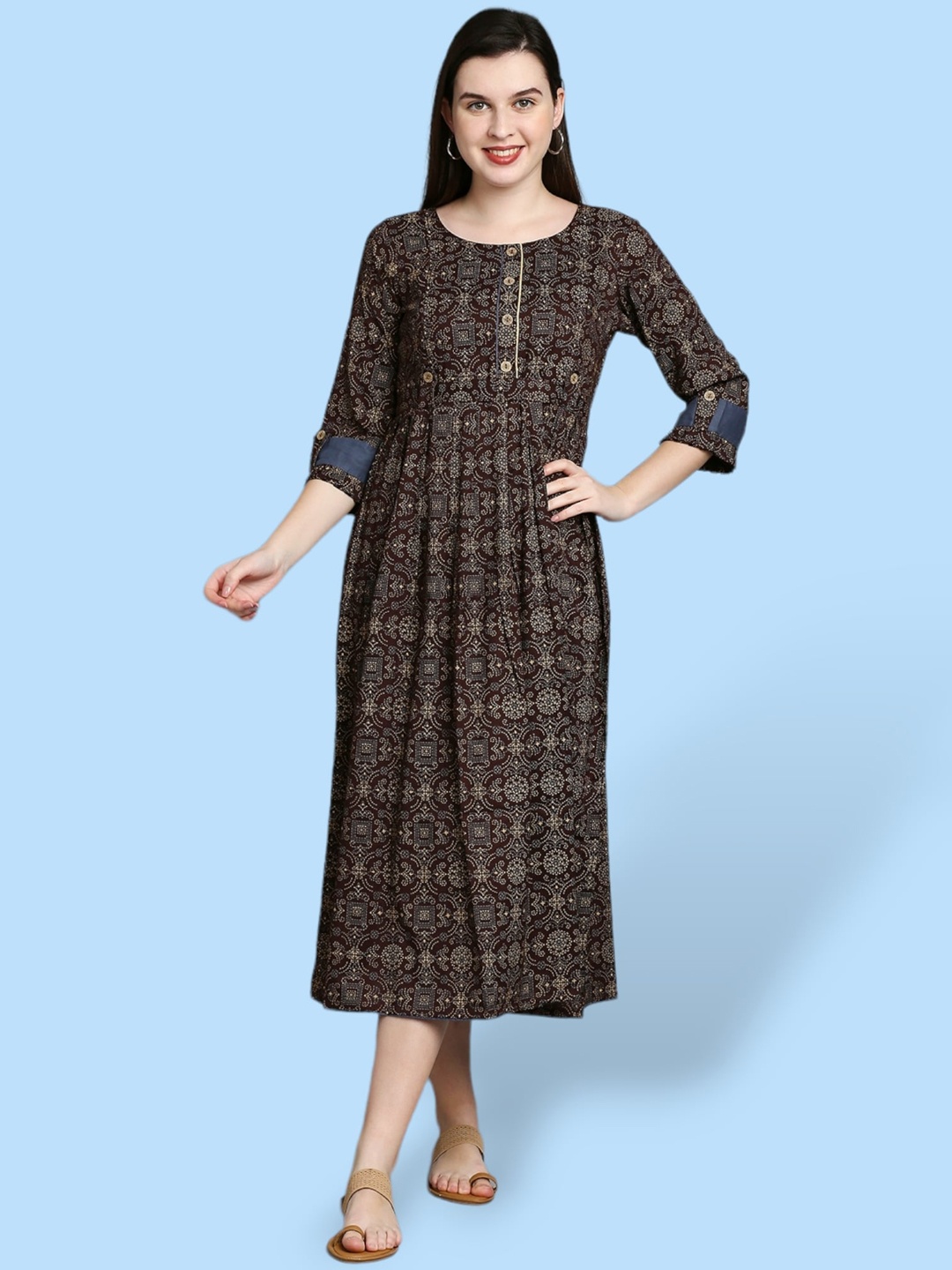 

True Shape Ethnic Motifs Printed Round Neck Gathered Maternity Fit & Flare Midi Dress, Coffee brown